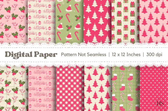12 Pink Retro Christmas Digital Paper