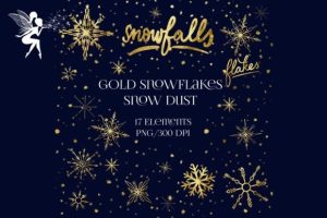 17 PNG Gold Snowflakes and Snow, Clipart