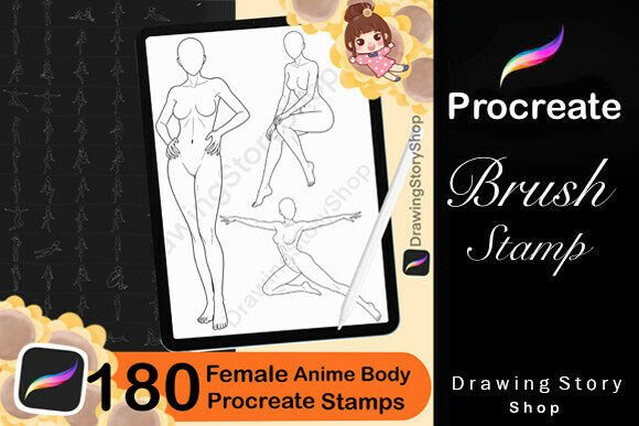 180 Procreate Stamps, Female Anime Body