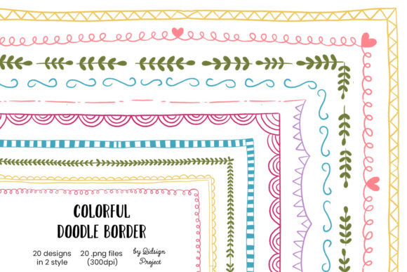 20 Hand Drawn Colorful Doodle Border