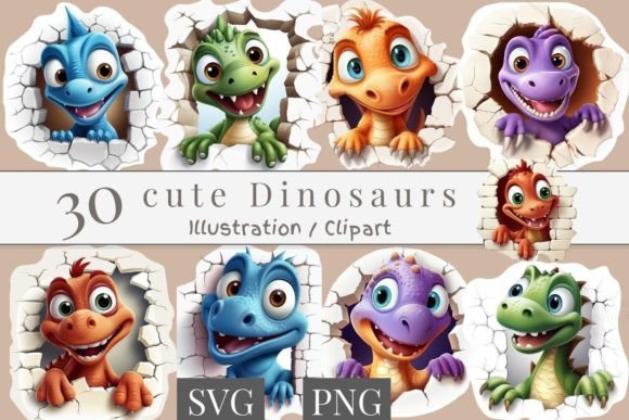 30 Cute Dinosaur Sticker, SVG, PNG 886