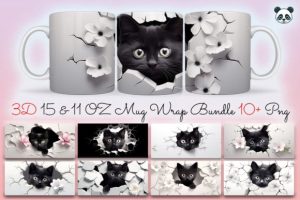 3D Black Cat Sublimation Mug Bundle