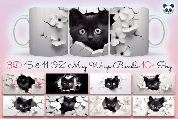 3D Black Cat Sublimation Mug Bundle