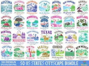 50 USA States Cityscape Shirt SVG Bundle