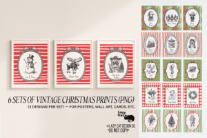 6 Sets of Vintage Christmas Prints PNG