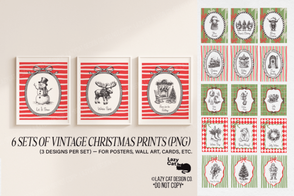 6 Sets of Vintage Christmas Prints PNG