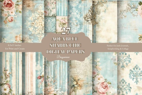 Aqua Blue Shabby Chic Digital Papers