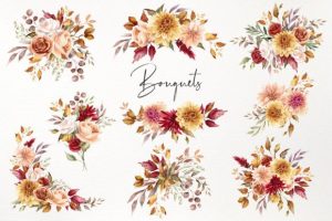 Alternative view of Autumn Flowers Watercolor Clipart PNG