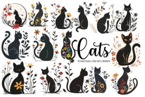 Black Cats and Flowers Clip Art Png