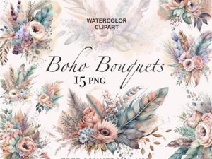 Boho Bouquet, Watercolor Flowers Clipart