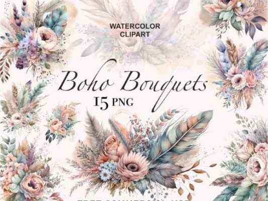 Boho Bouquet, Watercolor Flowers Clipart