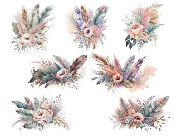 Boho Bouquet, Watercolor Flowers Clipart - Image 4