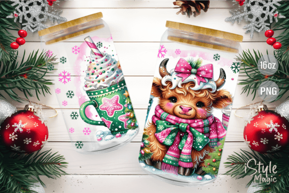 Christmas Cow 16 Oz Glass Can Wrap PNG - Image 4