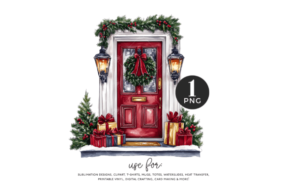 Christmas Front Door PNG, Holiday Porch