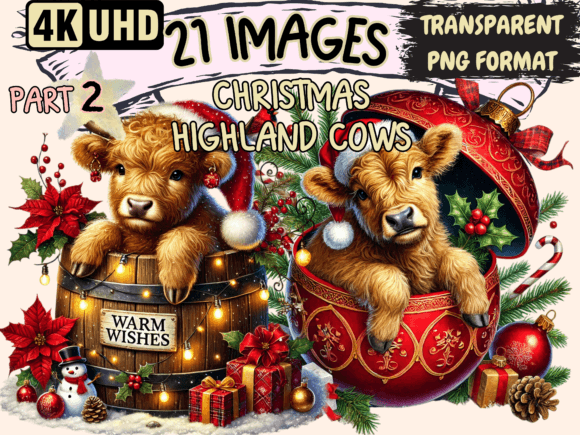 Christmas Highland Cows Clipart P2