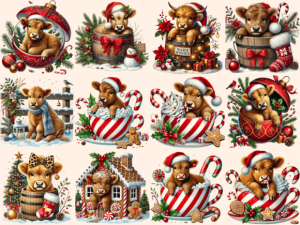 Alternative view of Christmas Highland Cows Clipart P2