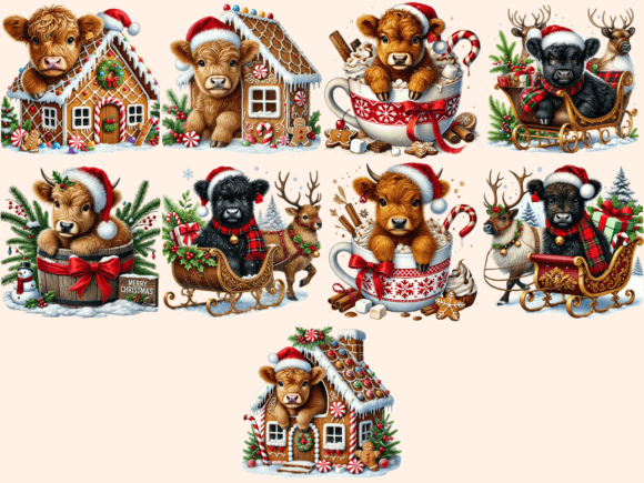 Christmas Highland Cows Clipart P2 - Image 3