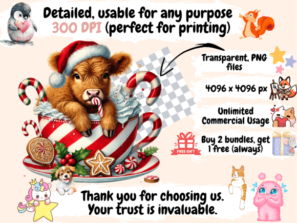 Christmas Highland Cows Clipart P2 - Image 4