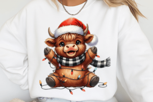 Alternative view of Christmas Lights Cute Highland Cow PNG