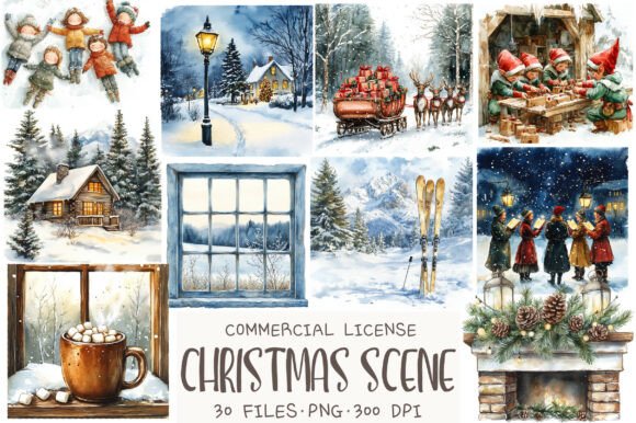 Christmas Scene Watercolor Clipart