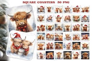 Christmas Square Coaster Png, Cow Design