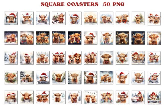 Christmas Square Coaster Png, Cow Design - Image 2