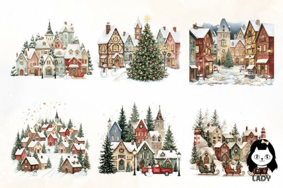 Christmas Village Watercolor Bundle - Image 4