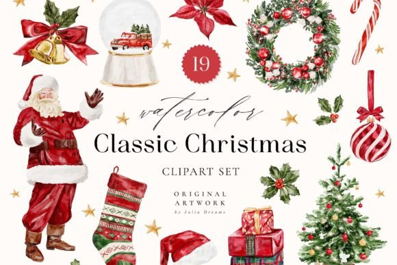 Classic Christmas Watercolor Clipart Set