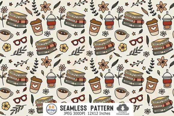 Coffee and Books Pattern Seamless Floral