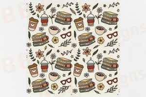 Alternative view of Coffee and Books Pattern Seamless Floral
