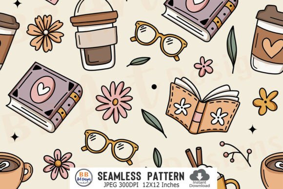 Coffee and Books Seamless Pattern Floral