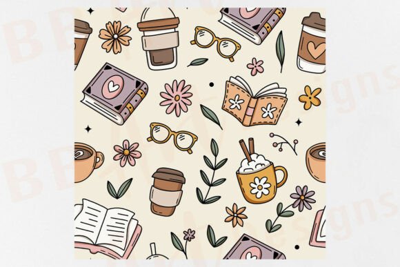 Coffee and Books Seamless Pattern Floral - Image 2