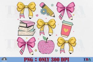 Coquette Teacher PNG School Pencil Bow