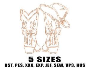 Cowboy Boots and Hat Line Art Embroidery Design