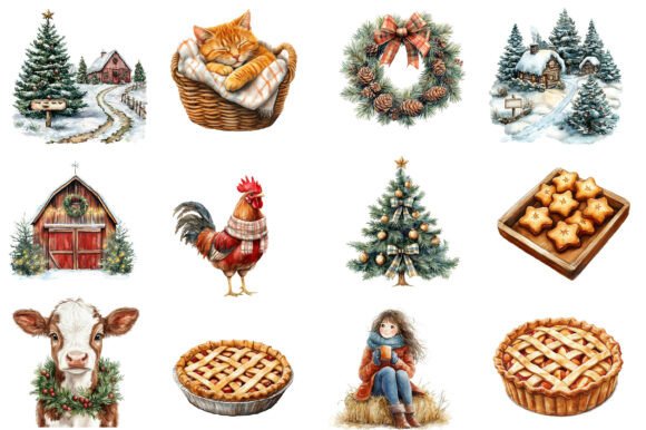 Alternative view of Cozy Farm Christmas Watercolor Clipart