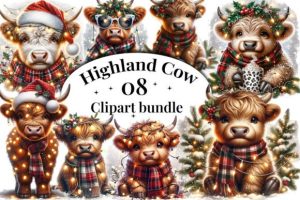 Cute Christmas Highland Cow Clipart