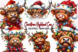 Cute Christmas Highland Cow Clipart