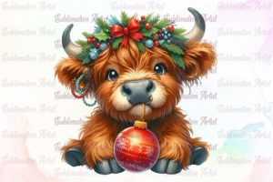 Cute Christmas Highland Cow PNG
