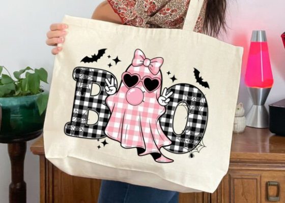 Alternative view of Cute Halloween Ghost SVG, Pink Plaid Boo