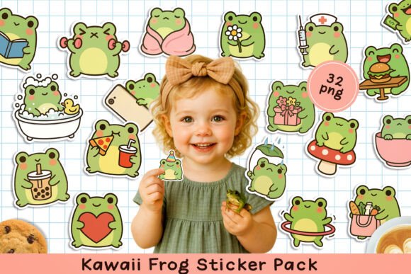 Cute Kawaii Frog Printable Stickers. PNG