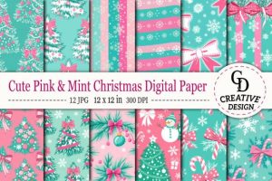 Cute Pink & Mint Christmas Digital Paper