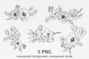 Alternative view of FLOWERS LINE DRAWING, FLORAL LINE ART