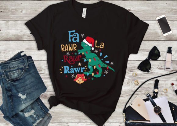 Fa La Rawr Christmas Dinosaur Kids Shirt - Image 3