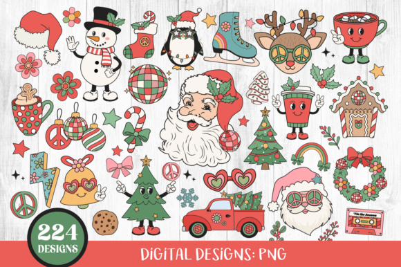 Groovy Retro Christmas Clipart Bundle