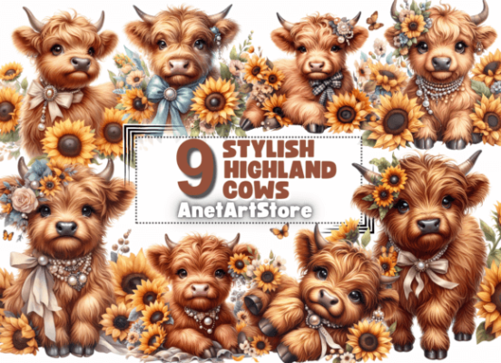 Highland Cow with Sunflowers