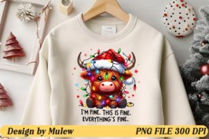 Alternative view of I'm Fine Christmas Lights Highland Cow