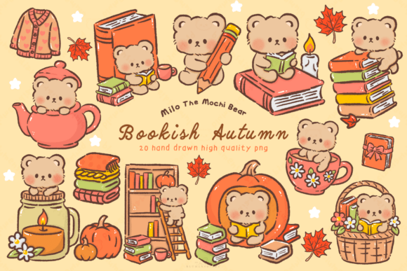 Kawaii Bear Bookish Autumn Clipart