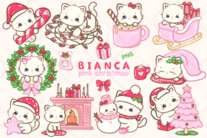 Kawaii White Cat Pink Christmas Clipart