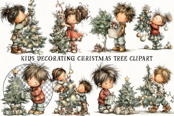 Alternative view of Kids Decorating Christmas Tree Clipart