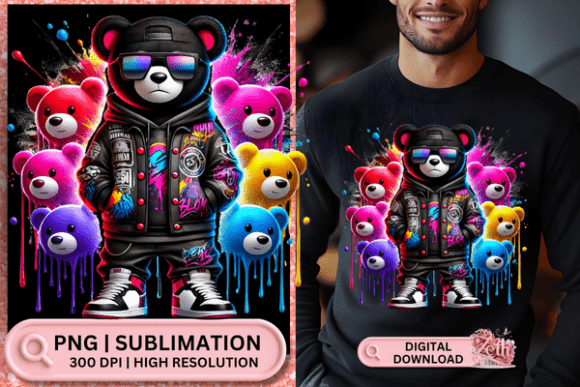 Neon Hiphop Teddy Bear PNG Sublimation